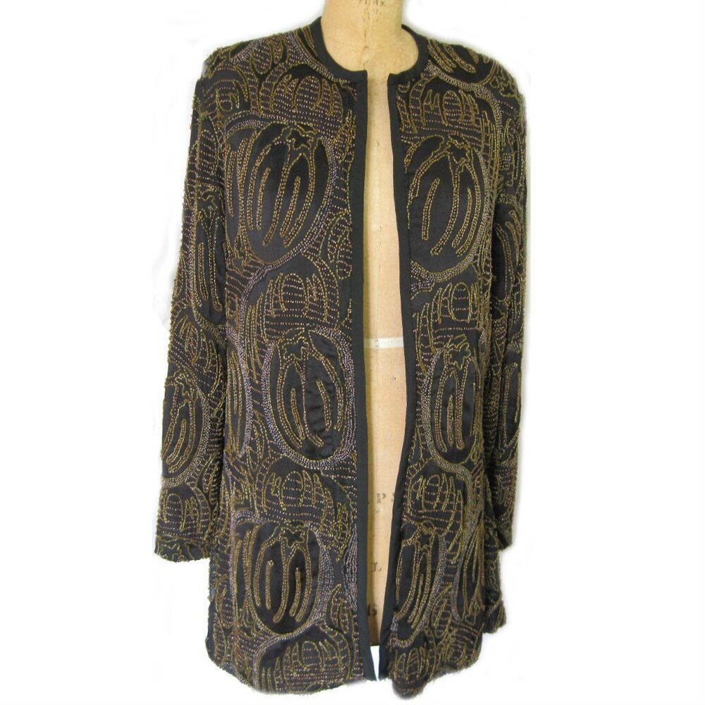 Women's handmade black silk jacquard beaded jacket